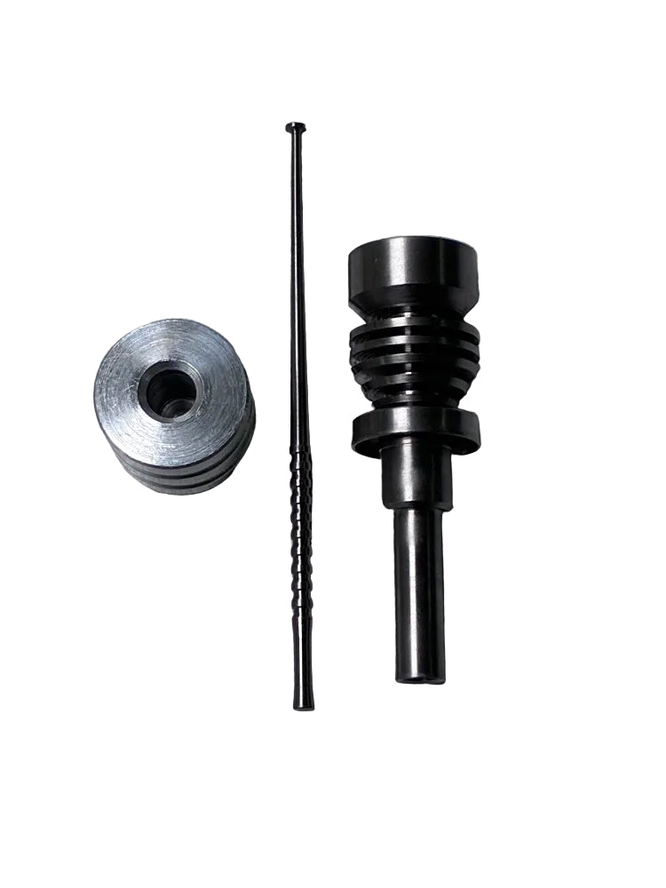A set of three metal mechanical parts, including a titanium domeless nail, a titanium dabber, and a silver metal dab tool holder, arranged on a white background.