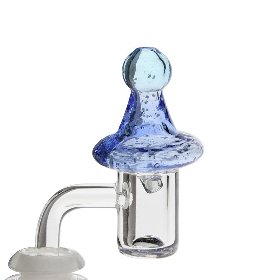 Glass dabbing carb cap with blue and clear design on a white background