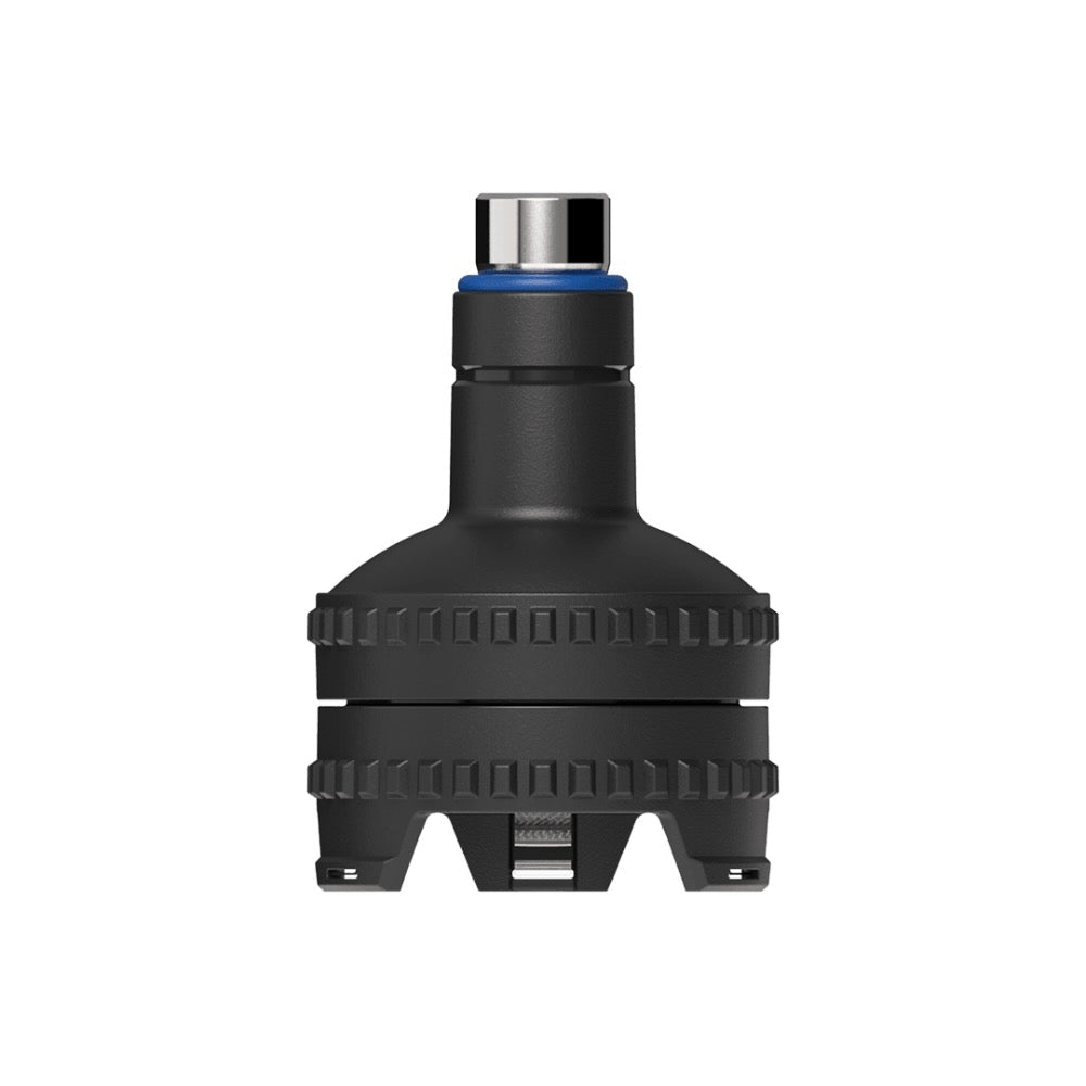 Black mechanical component with a metallic top on a white background