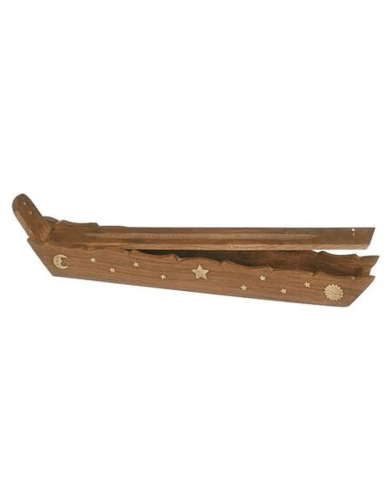 wooden boat sun moon stars incense burner - shell shock