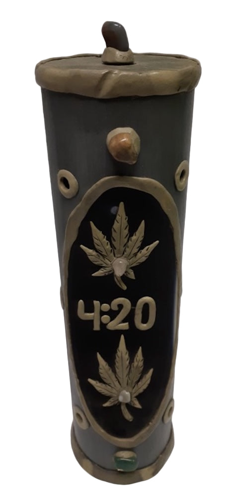 Cylindrical container with cannabis leaf designs and '420' text on a white background
