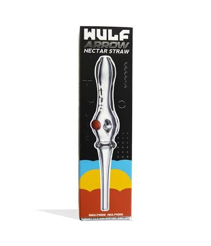 Wulf A Crow Nectar Straw in its original packaging, featuring a metallic silver straw with a small red accent and a retro sunset design on the box.