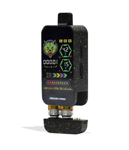 Vaping device with digital display and wolf logo on a white background