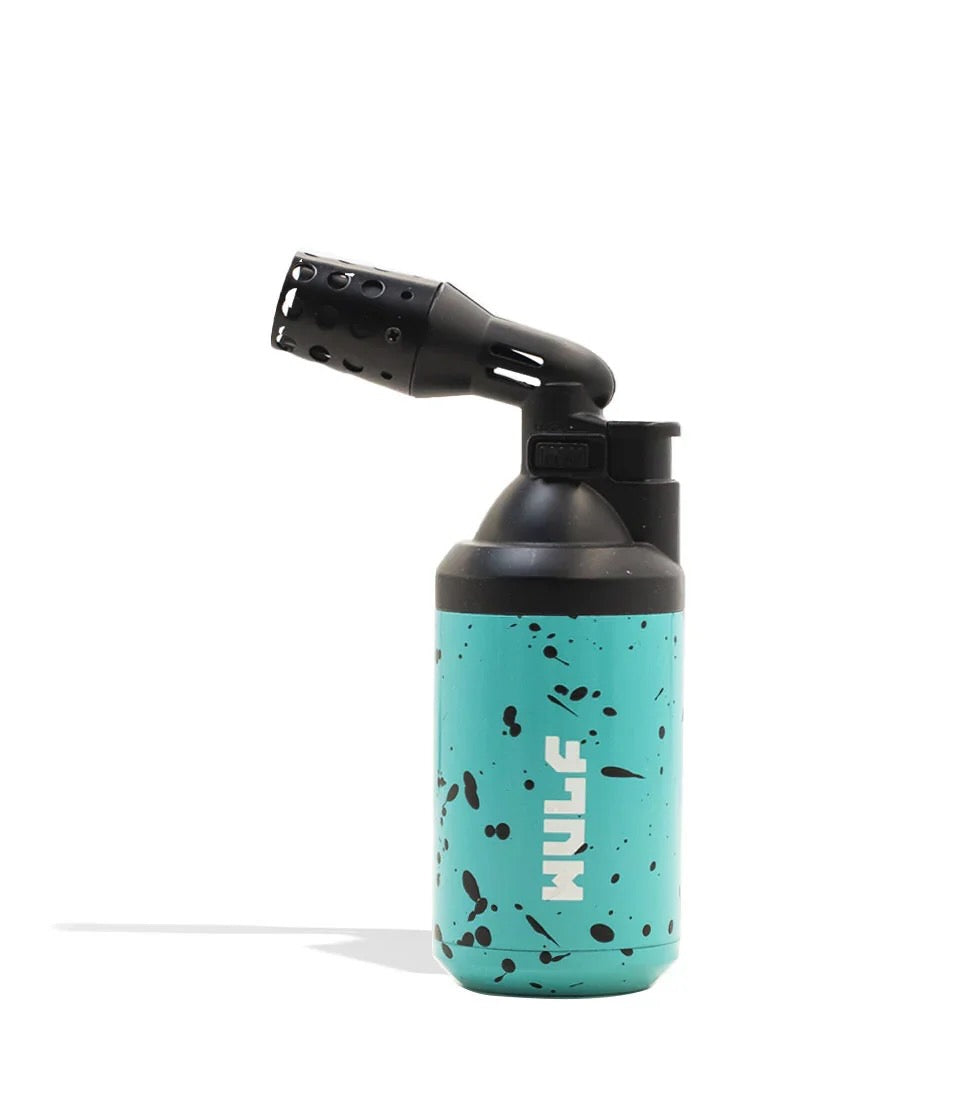 Turquoise and black handheld torch with 'Mula' branding on a white background