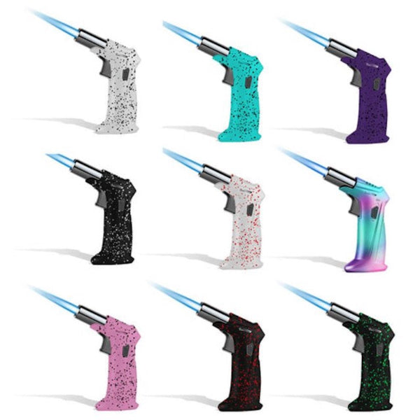 Collection of colorful butane lighters on a white background
