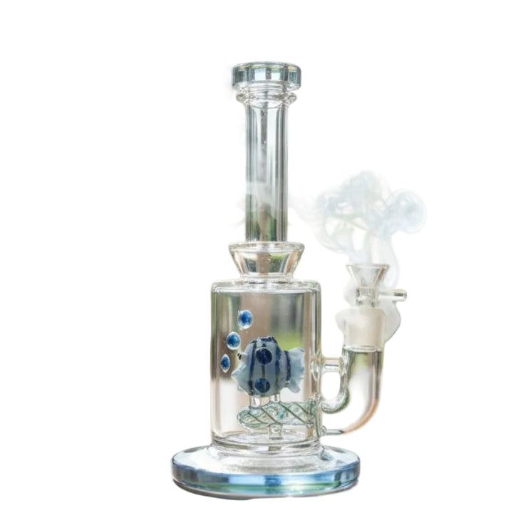 Glass smoking device with fish decoration on a white background