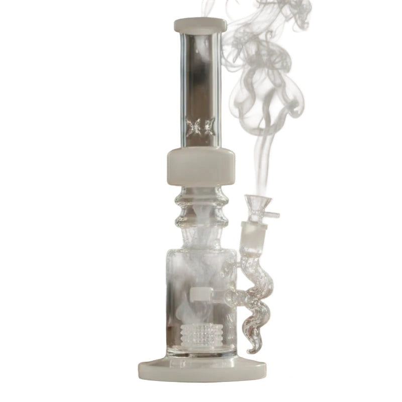 Glass smoking device with smoke rising, white background