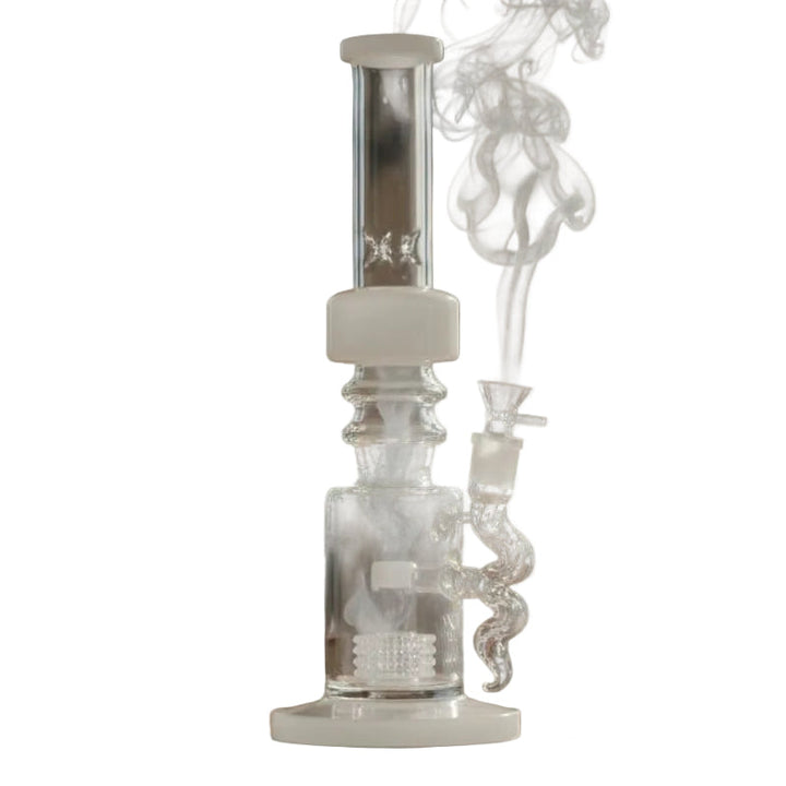 Glass smoking device with smoke rising, white background
