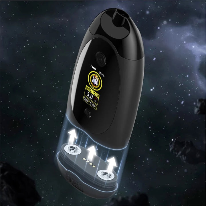 Black electronic device with digital display against a space-themed background