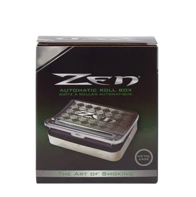 Zen Automatic Roll Box retail packaging, featuring a black box with a photo of the metal rolling tray on the front.