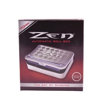 Zen 70mm Automatic Roll Box packaging box, featuring a silver and black metal design with a clear lid, shown on a plain white background.