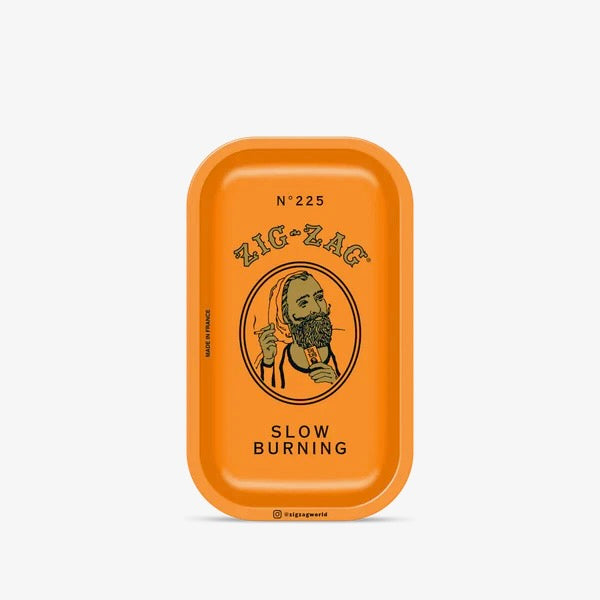 Orange metal tray with Zig-Zag branding and 'Slow Burning' text on a white background