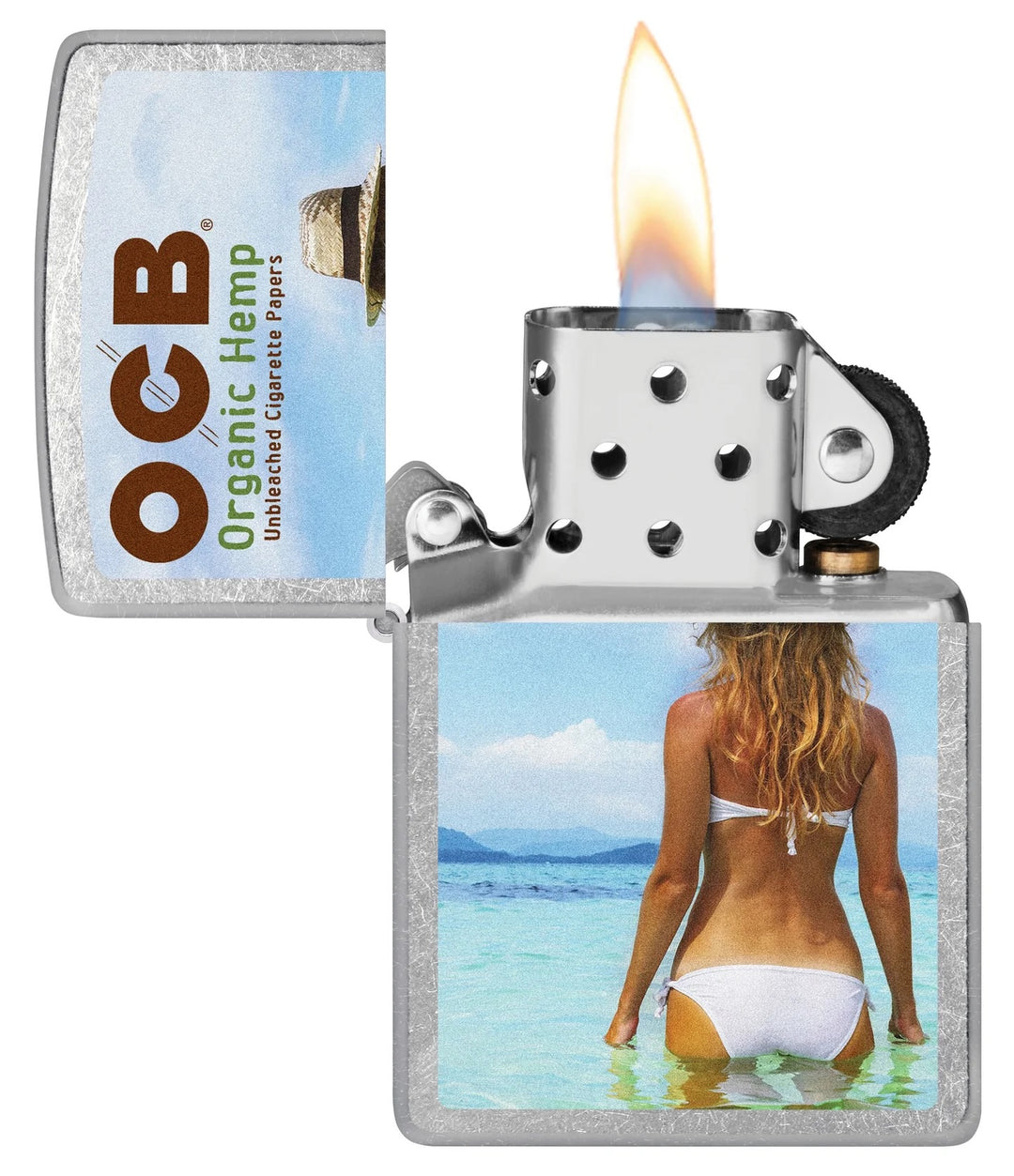 Zippo lighter with OCB branding and a scenic design on the case.